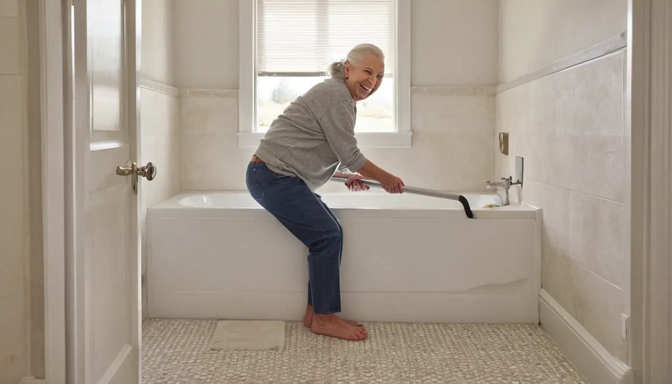 Older homeowner stepping into a walk-in tub in a bright bathroom in a Loomis home